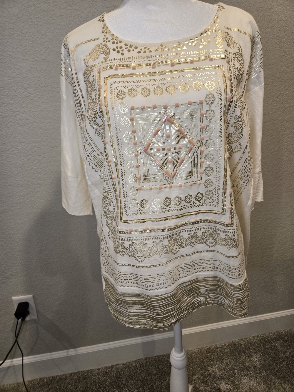 Chico's Size 2 Cream Top with Gold Foil and Coral Bead Accents